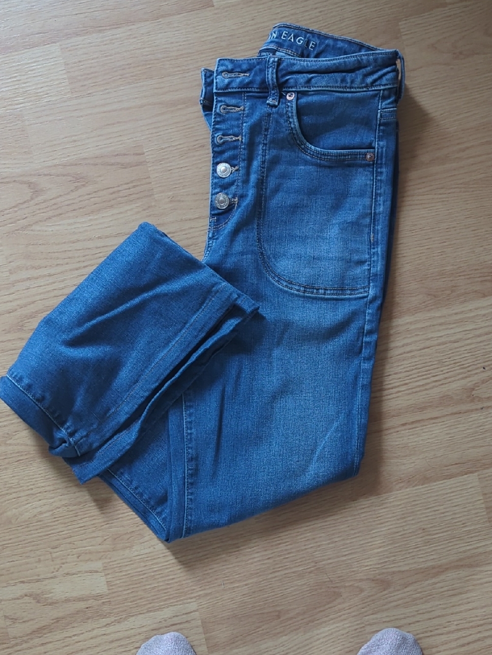 American Eagle Outfitters Medium Blue Stretch Denim Jeans Have Been Hemmed Short